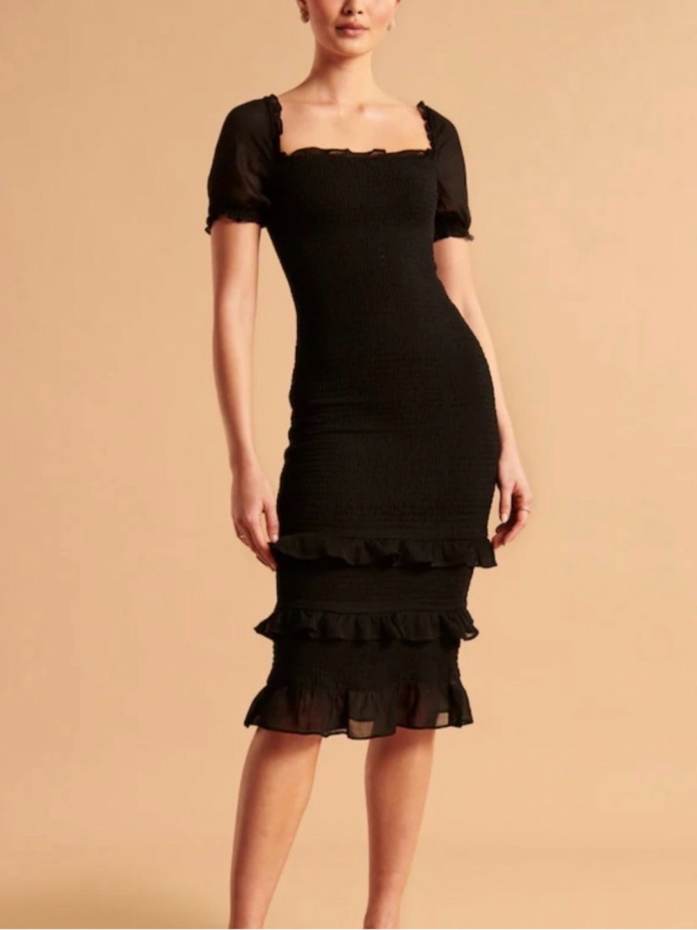Abercrombie & Fitch Black Ruffle-Tiered Midi Dress